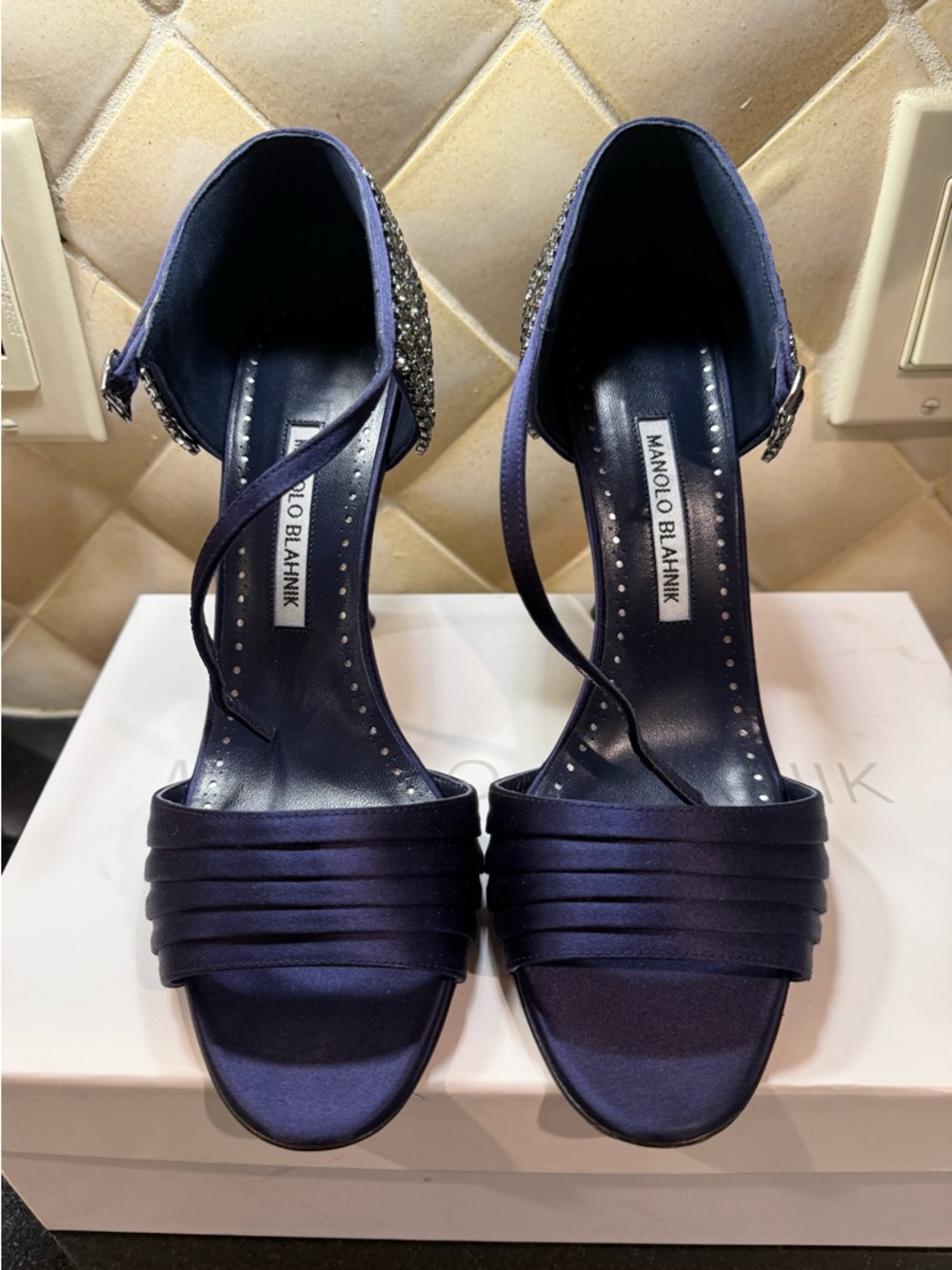 Manolo Blahnik Navy Satin Pleated Ankle-Strap Heels with Embellished Heel